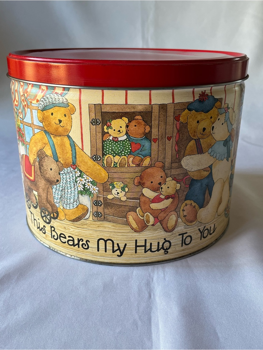 Vintage 1984 Marjorie Sarnat Teddy Bear Tin Large 9.5" Popcorn Cake Container WS